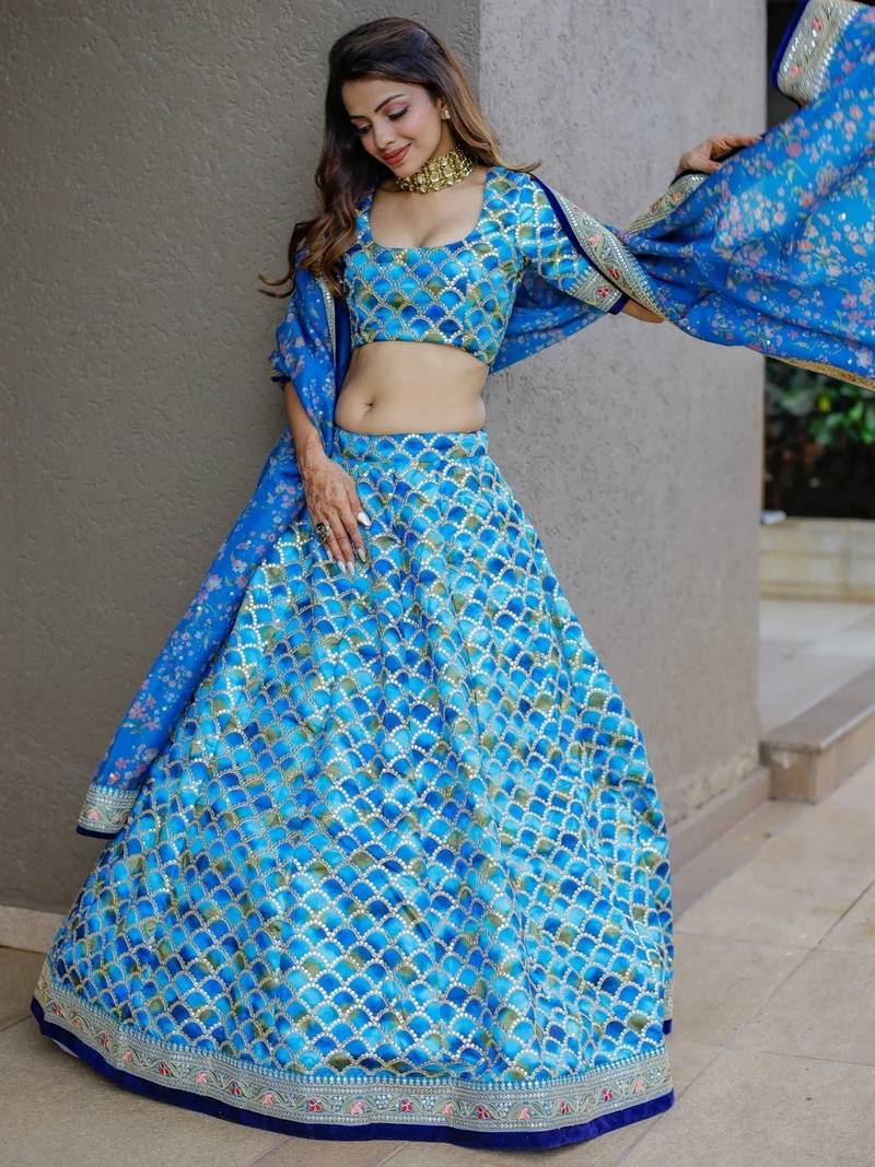 Awesome Blue Sequins Work Art Silk Wedding Lehenga Choli