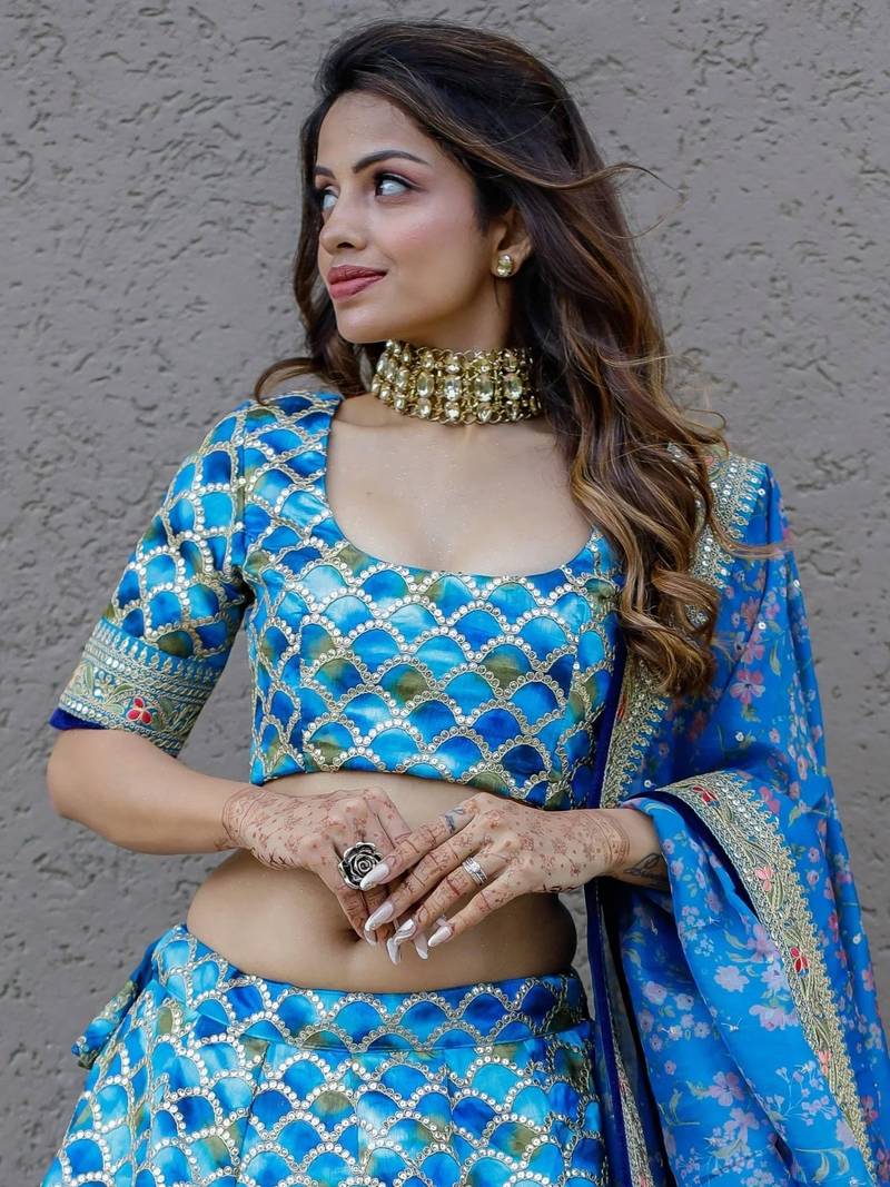 Awesome Blue Sequins Work Art Silk Wedding Lehenga Choli