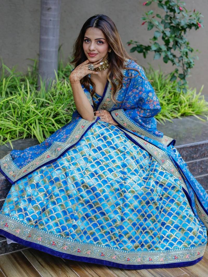 Awesome Blue Sequins Work Art Silk Wedding Lehenga Choli