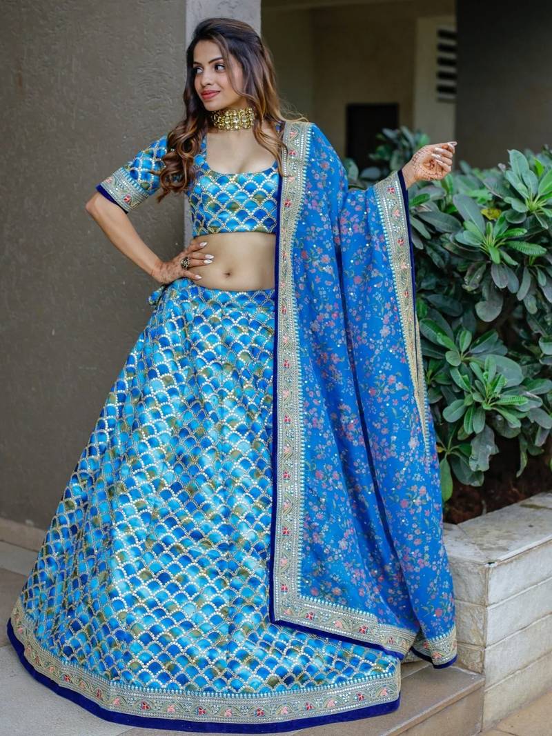 Awesome Blue Sequins Work Art Silk Wedding Lehenga Choli
