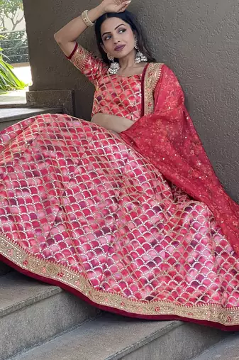 Beautiful Pink Sequins Art Silk Engagement Wear Lehenga Choli