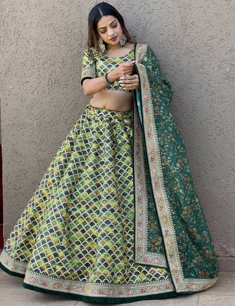 Outstanding Green Sequins Art Silk Sangeet Wear Lehenga Choli