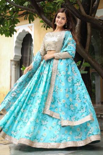 Captivating Sky Blue Floral Print Organza Function Wear Lehenga Choli
