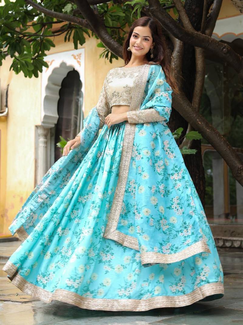 Captivating Sky Blue Floral Print Organza Function Wear Lehenga Choli