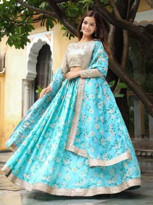 Captivating Sky Blue Floral Print Organza Function Wear Lehenga Choli 1