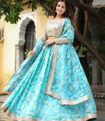 Captivating Sky Blue Floral Print Organza Function Wear Lehenga Choli
