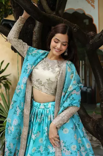 Captivating Sky Blue Floral Print Organza Function Wear Lehenga Choli