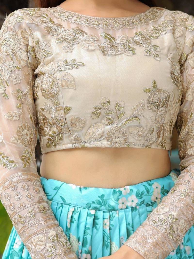Captivating Sky Blue Floral Print Organza Function Wear Lehenga Choli