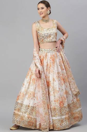 Off White & Peach-Coloured Embellished Sequinned Indian wedding designer Lehenga