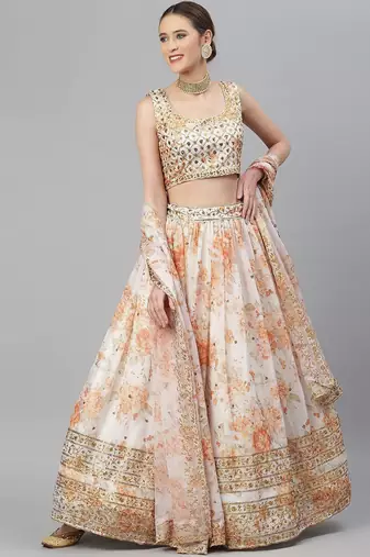 Off White & Peach-Coloured Embellished Sequinned Indian wedding designer Lehenga