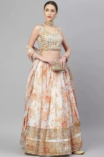 Off White & Peach-Coloured Embellished Sequinned Indian wedding designer Lehenga