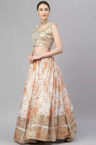 Off White & Peach-Coloured Embellished Sequinned Indian wedding designer Lehenga