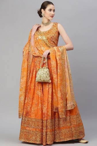 Orange & Gold-Toned Embellished Sequins Embroidered Designer Indian lehenga dress