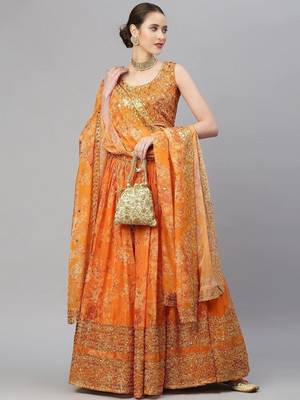 Orange & Gold-Toned Embellished Sequins Embroidered Designer Indian lehenga dress 1