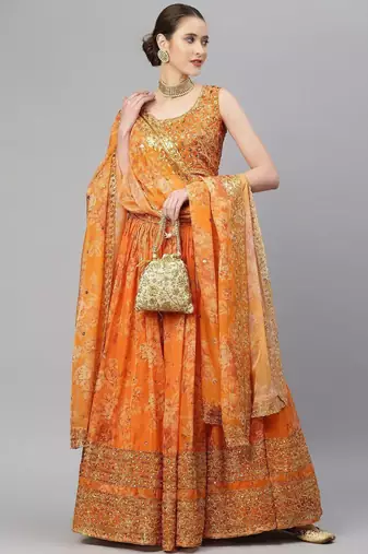 Orange & Gold-Toned Embellished Sequins Embroidered Designer Indian lehenga dress