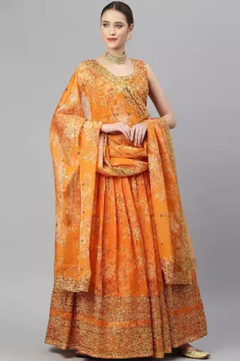 Orange & Gold-Toned Embellished Sequins Embroidered Designer Indian lehenga dress