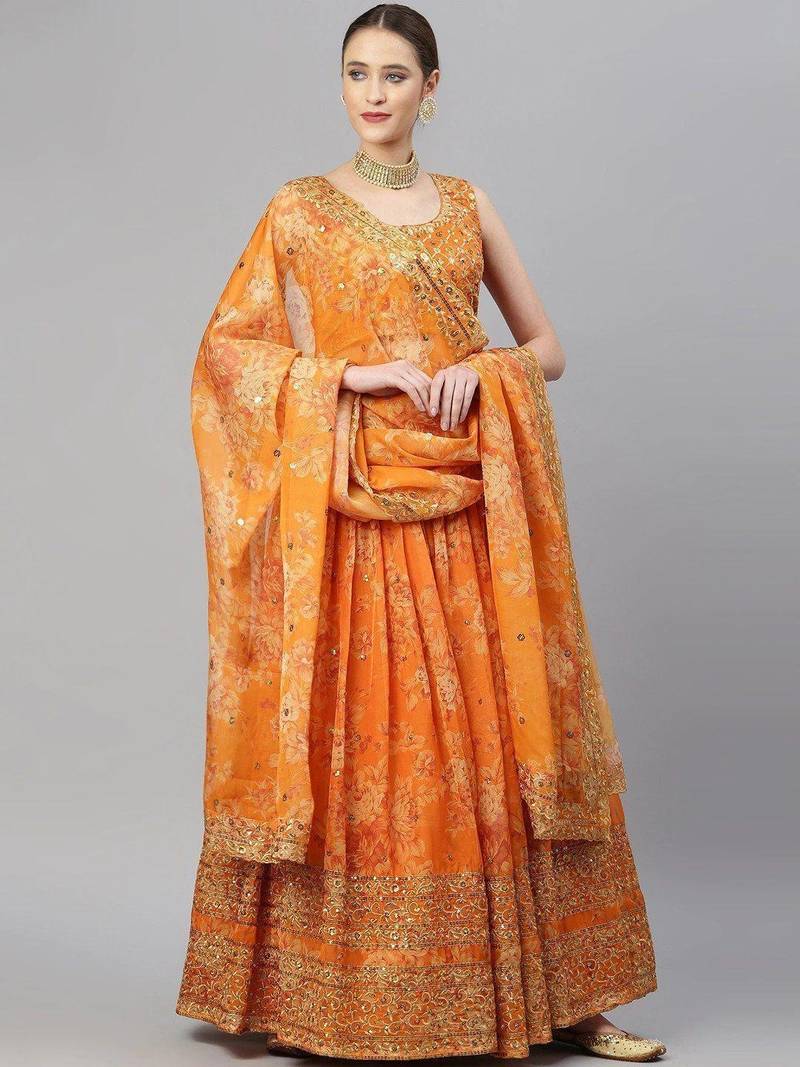 Orange & Gold-Toned Embellished Sequins Embroidered Designer Indian lehenga dress