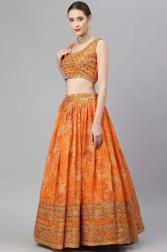 Orange & Gold-Toned Embellished Sequins Embroidered Designer Indian lehenga dress
