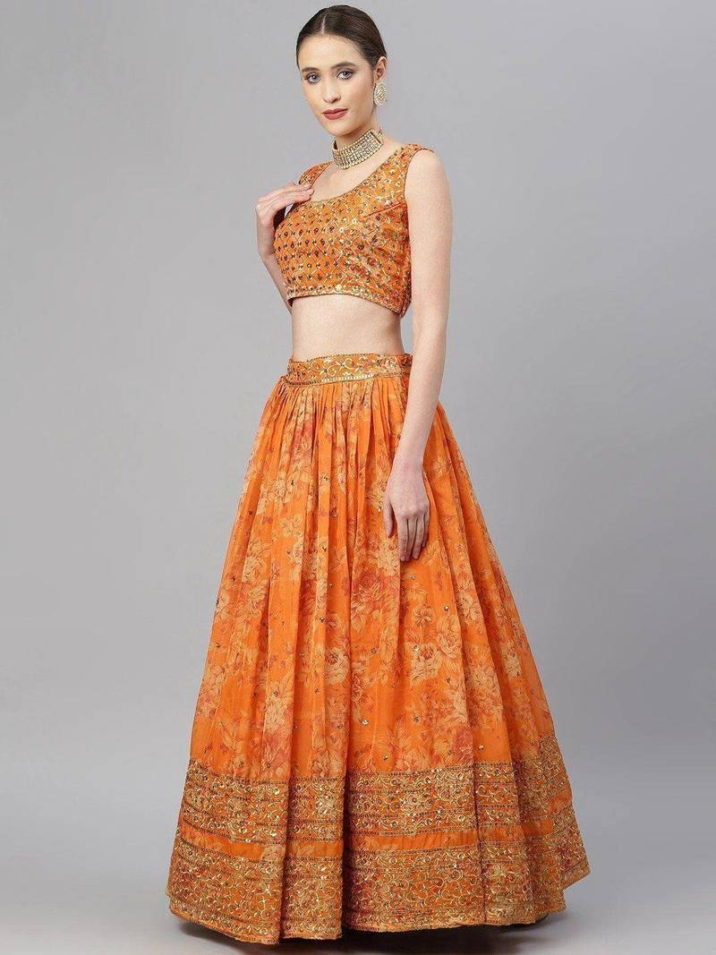 Orange & Gold-Toned Embellished Sequins Embroidered Designer Indian lehenga dress
