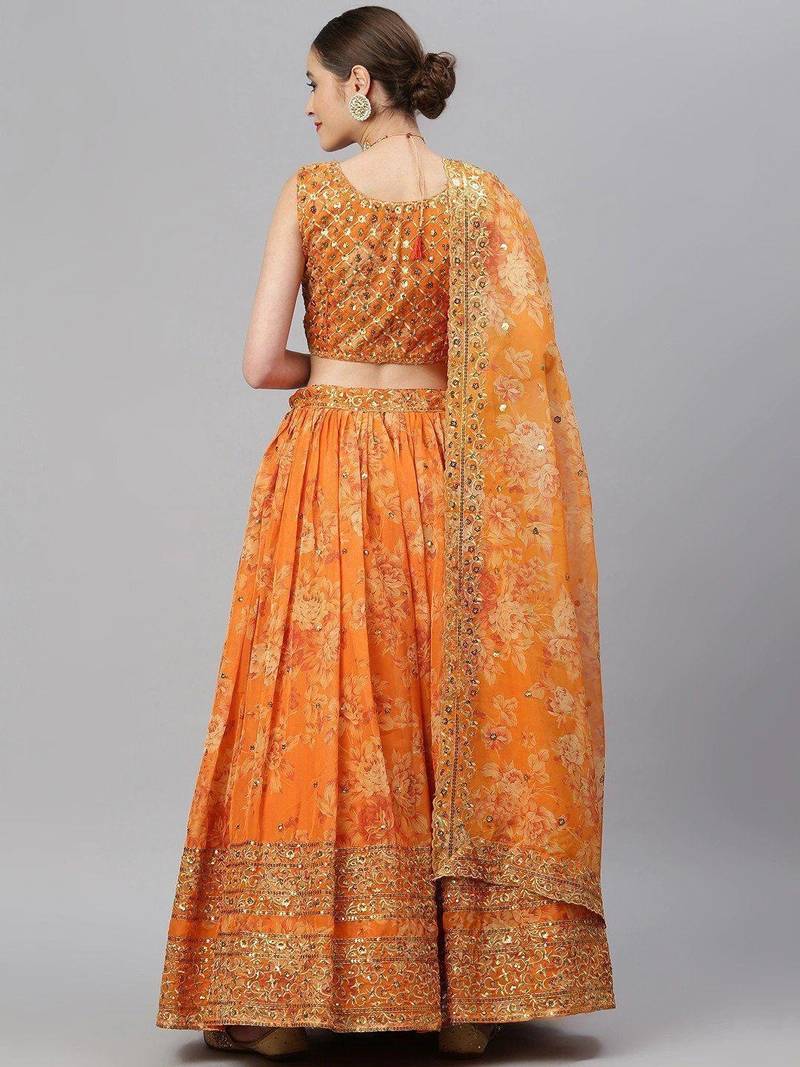 Orange & Gold-Toned Embellished Sequins Embroidered Designer Indian lehenga dress