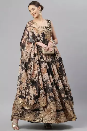 Black & Beige Embellished Sequinned Semi-Stitched Lehenga & Unstitched Blouse