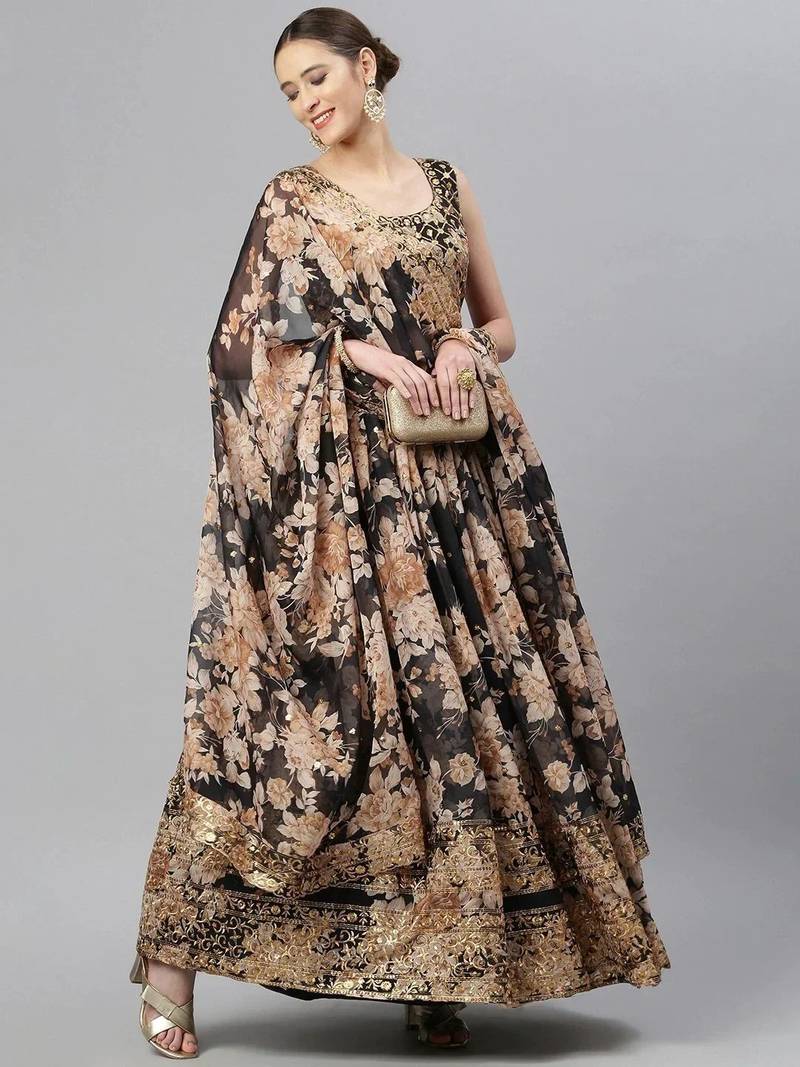 Black & Beige Embellished Sequinned Semi-Stitched Lehenga & Unstitched Blouse