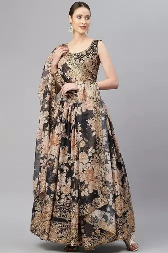 Black & Beige Embellished Sequinned Semi-Stitched Lehenga & Unstitched Blouse