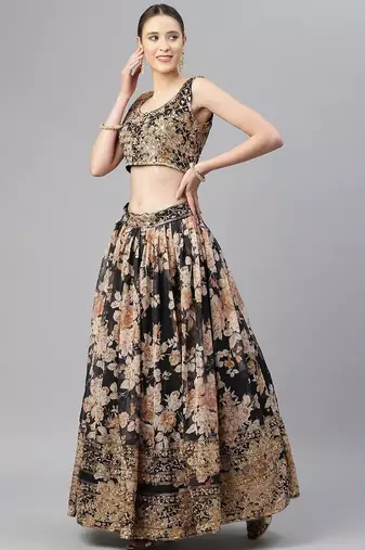 Black & Beige Embellished Sequinned Semi-Stitched Lehenga & Unstitched Blouse