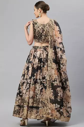 Black & Beige Embellished Sequinned Semi-Stitched Lehenga & Unstitched Blouse