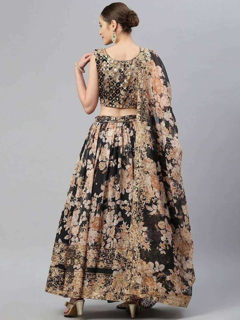 Black & Beige Embellished Sequinned Semi-Stitched Lehenga & Unstitched Blouse