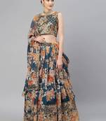 Blue & Peach-Coloured Embellished Sequinned Embroidered Indian Wedding Designer Lehenga