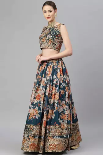 Blue & Peach-Coloured Embellished Sequinned Embroidered Indian Wedding Designer Lehenga
