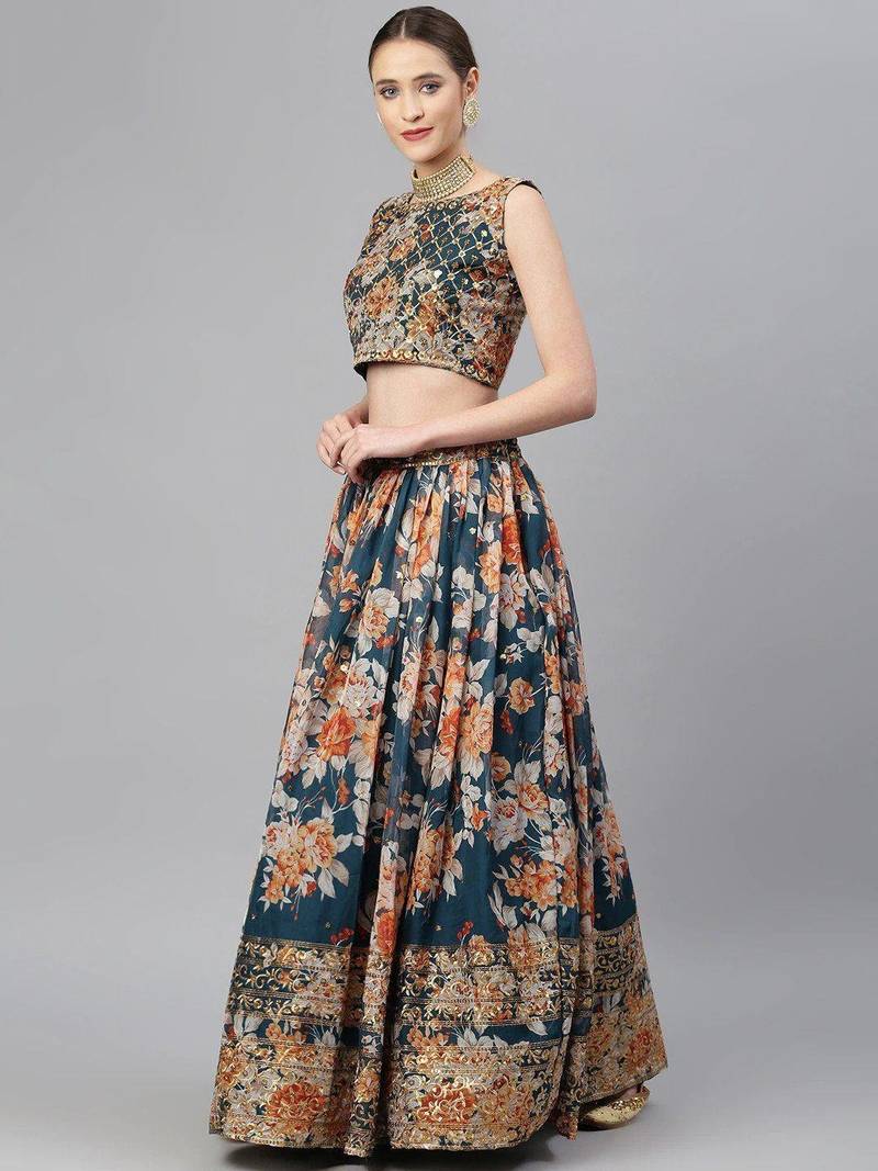 Blue & Peach-Coloured Embellished Sequinned Embroidered Indian Wedding Designer Lehenga