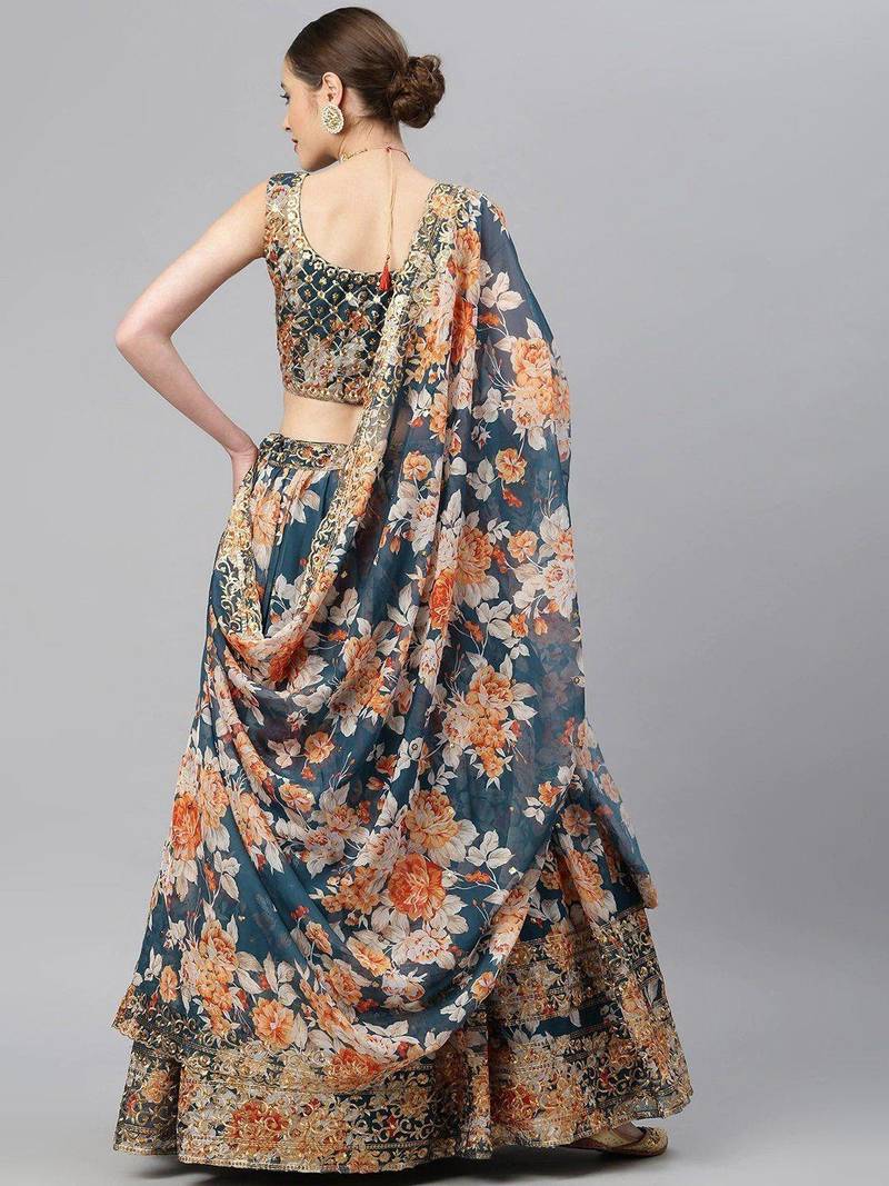 Blue & Peach-Coloured Embellished Sequinned Embroidered Indian Wedding Designer Lehenga