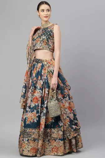 Blue & Peach-Coloured Embellished Sequinned Embroidered Indian Wedding Designer Lehenga