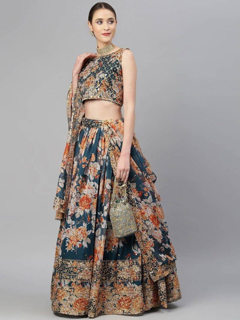 Blue & Peach-Coloured Embellished Sequinned Embroidered Indian Wedding Designer Lehenga
