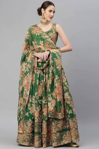 Green & Peach-Coloured Embellished Sequinned Indian Wedding Mehendi Lehenga choli
