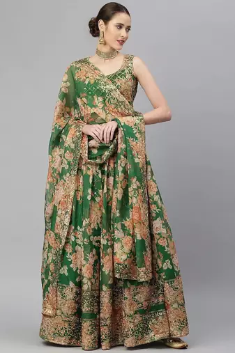 Green & Peach-Coloured Embellished Sequinned Indian Wedding Mehendi Lehenga choli