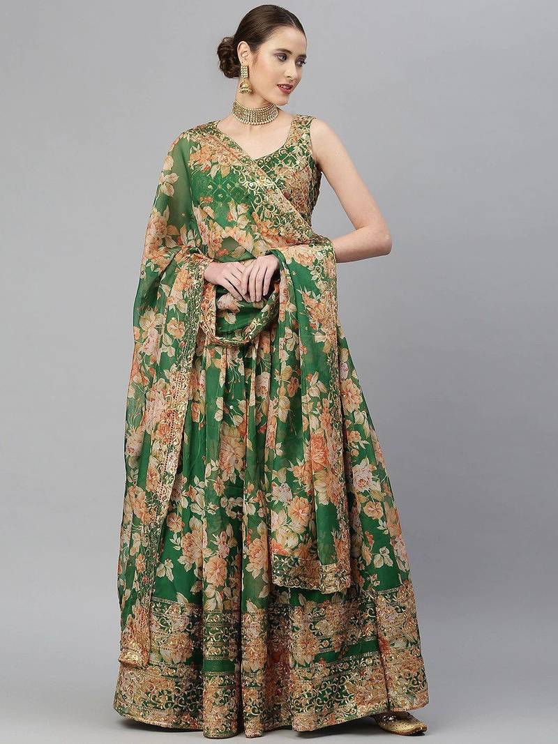 Green & Peach-Coloured Embellished Sequinned Indian Wedding Mehendi Lehenga choli