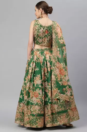 Green & Peach-Coloured Embellished Sequinned Indian Wedding Mehendi Lehenga choli
