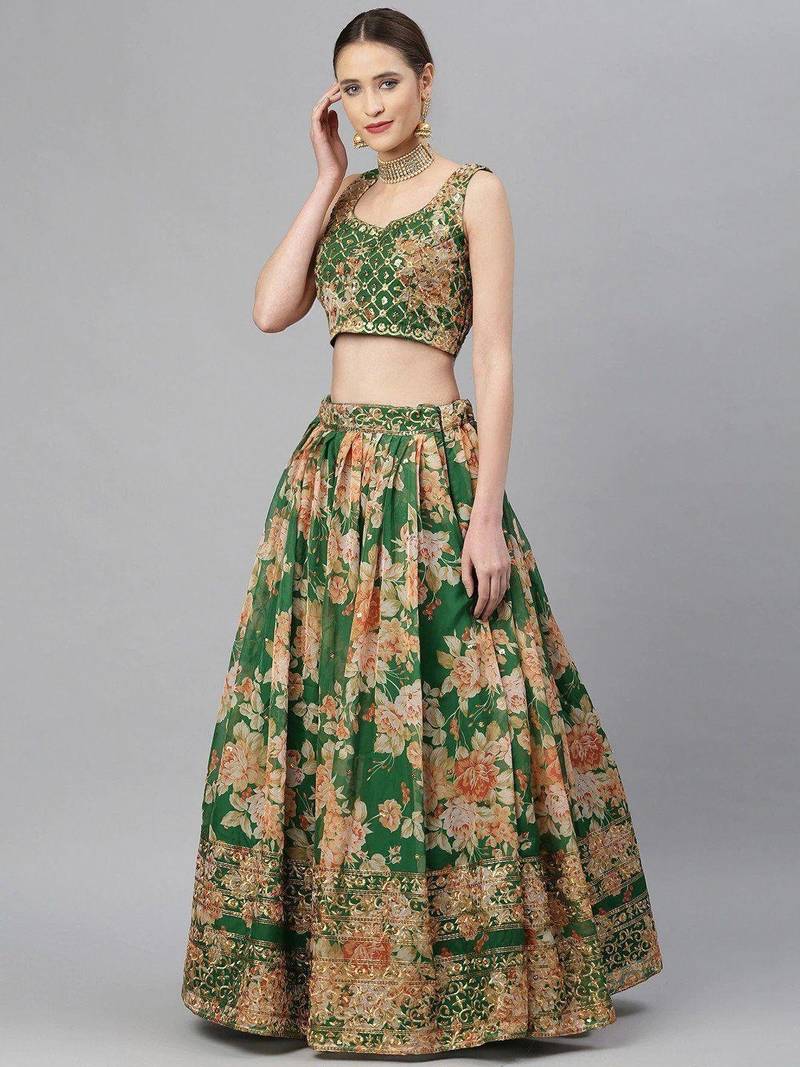 Green & Peach-Coloured Embellished Sequinned Indian Wedding Mehendi Lehenga choli