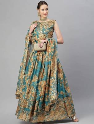 Teal & Peach-Coloured Embellished Sequinned Embroidered Indian wedding Lehenga dress 1