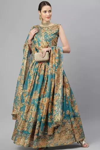 Teal & Peach-Coloured Embellished Sequinned Embroidered Indian wedding Lehenga dress