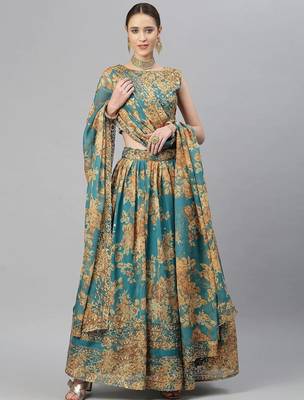 Teal & Peach-Coloured Embellished Sequinned Embroidered Indian wedding Lehenga dress 3