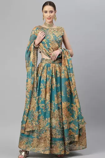 Teal & Peach-Coloured Embellished Sequinned Embroidered Indian wedding Lehenga dress