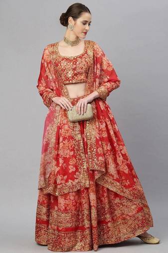Red & Gold-Toned Embellished Sequinned Semi-Stitched Lehenga Choli