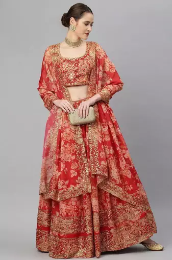 Red & Gold-Toned Embellished Sequinned Semi-Stitched Lehenga Choli