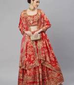 Red & Gold-Toned Embellished Sequinned Semi-Stitched Lehenga Choli
