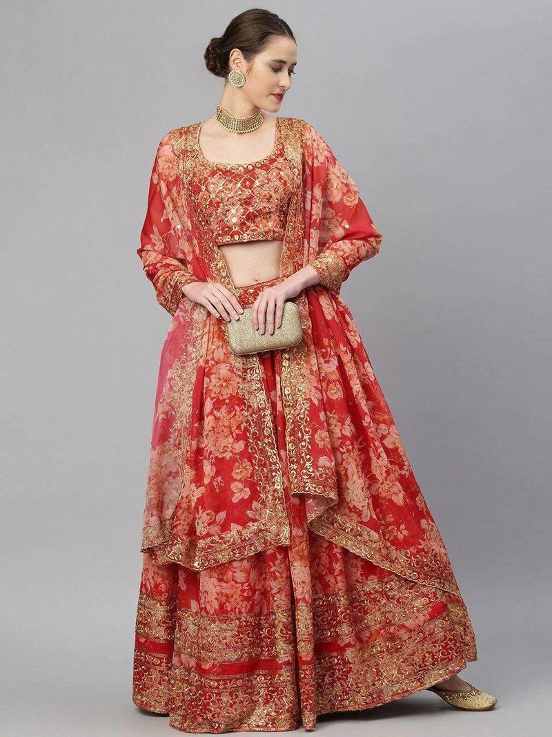 Red & Gold-Toned Embellished Sequinned Semi-Stitched Lehenga Choli