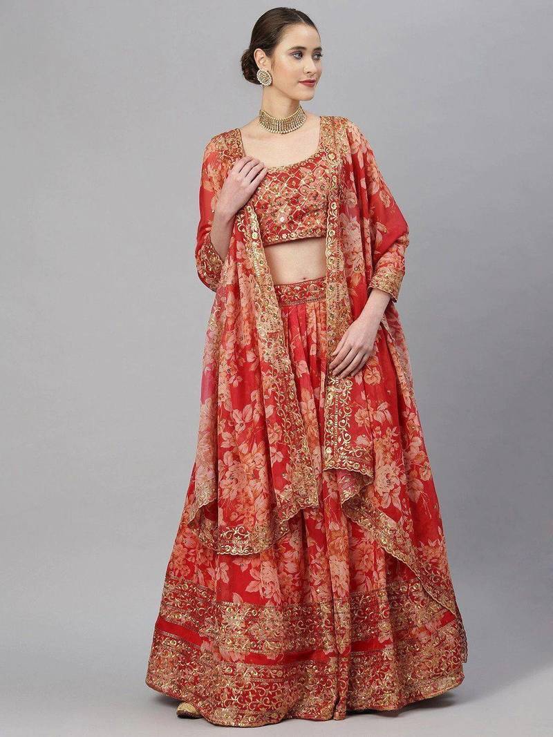 Red & Gold-Toned Embellished Sequinned Semi-Stitched Lehenga Choli